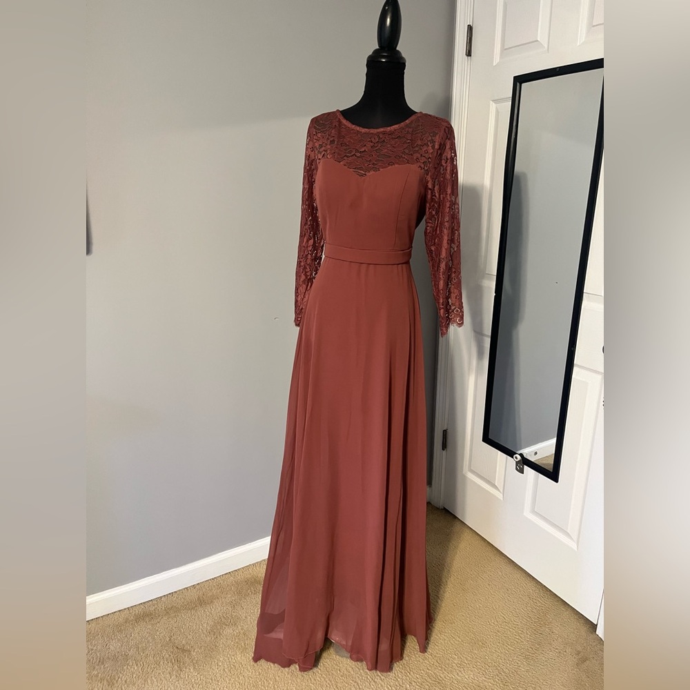 SHEIN Long Sleeve Lace Bodice Rust Maxi Dress